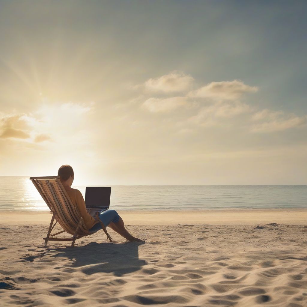 Digital Nomad Working on Laptop by the Beach