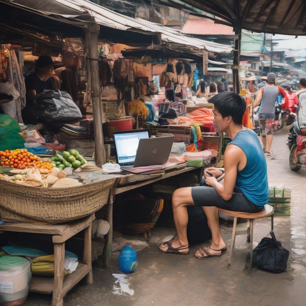 Digital Nomad Working in a Bustling Market