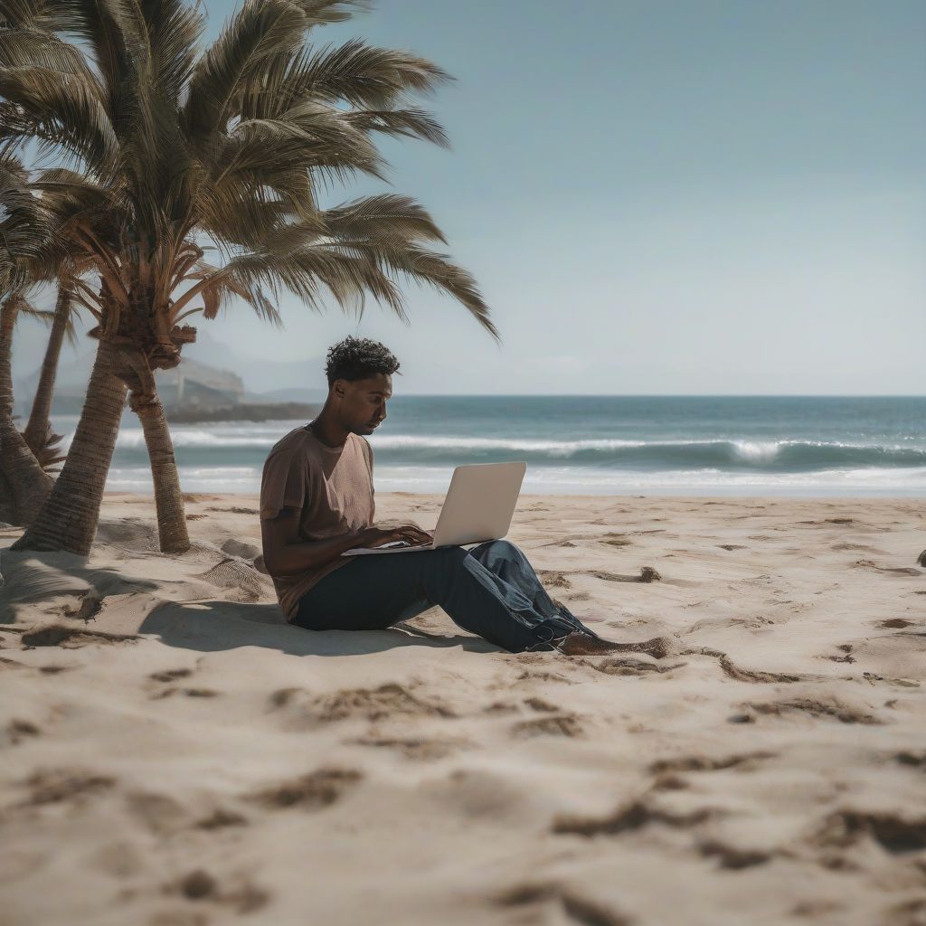 Digital Nomad Working on a Beach