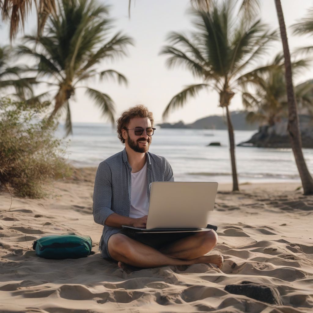 Digital Nomad Working on Laptop on Tropical Beach