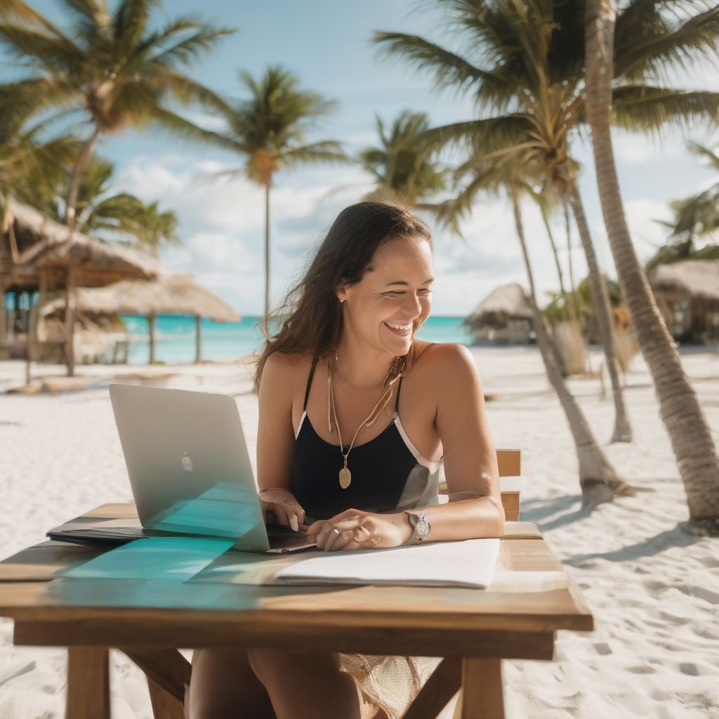 Woman Working on Laptop by the Beach